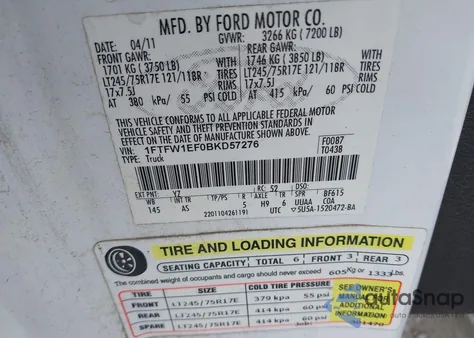 2011 Ford F-150 Xl z USA, uszkodzony, nr VIN 1FTFW1EF0BKD57276